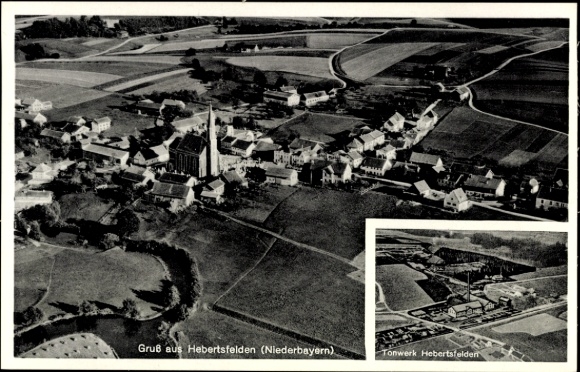 Postcard Hebertsfelden Lower Bavaria, aerial photograph, village Kugelkopfkirche, Tonwerk Hebertsfelden