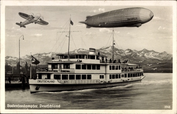 Zdjęcie sterowca LZ 127 Graf Zeppelin, parowca nad Jeziorem Bodeńskim w Niemczech, samolot