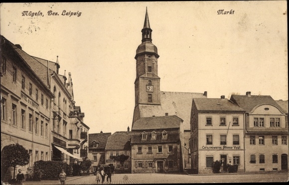 Postcard Mügeln in Saxony, market, church, grocery store, hotel