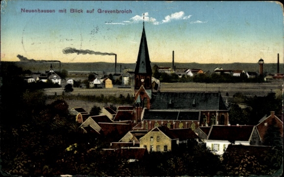 Postcard Grevenbroich in Westphalia, Neuenhausen, view of church, industrial facilities