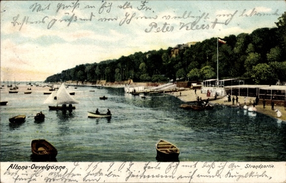 Postcard Hamburg Altona Oevelgönne, beach on the Elbe, boats