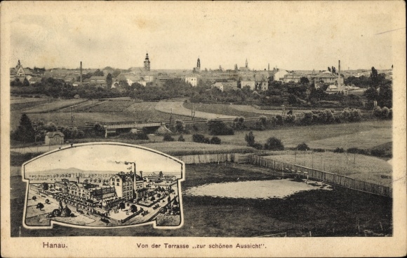 Ak Hanau im Main Kinzig Kreis Hessen, Ort von der Terrasse zur schönen Aussicht, Brauerei Kaiser