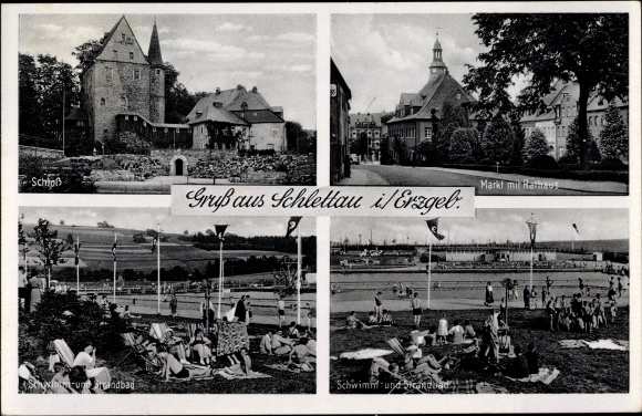 Ak Schlettau in het Ertsgebergte van Saksen, gedeeltelijk uitzicht, markt met gemeentehuis, kasteel, kerk, zwembad