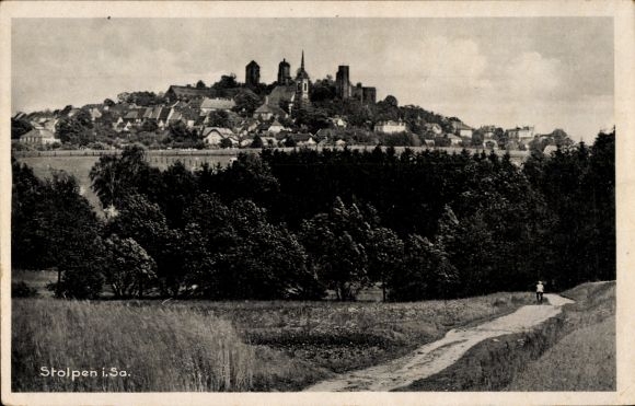 Postcard Stolpen in Saxony, city view mountain, forests, meadows, path