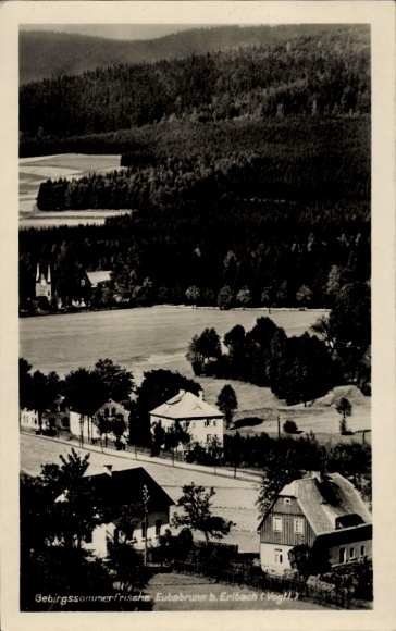 Postcard Eubabrunn Erlbach in the Vogtland, mountain summer resort, landscape, forests, houses, river