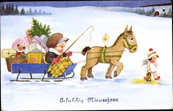 Künstler Ak Wills, John, Neujahr, Schlitten, Geschenke, Tannenbaum, Engel