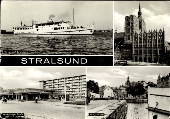 Ansichtkaart Stralsund in West-Pommeren, MS Duits-Sovjet Vriendschap, Stadhuis, Am Querkanal