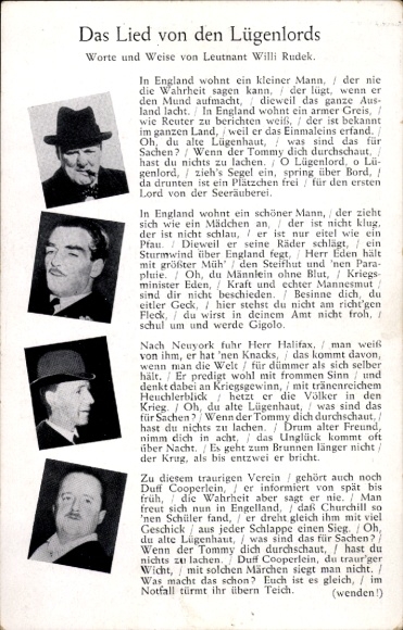 Song Postcard The Song of the Lying Lords, Willi Rudek, Churchill, Alfred Duff Cooper