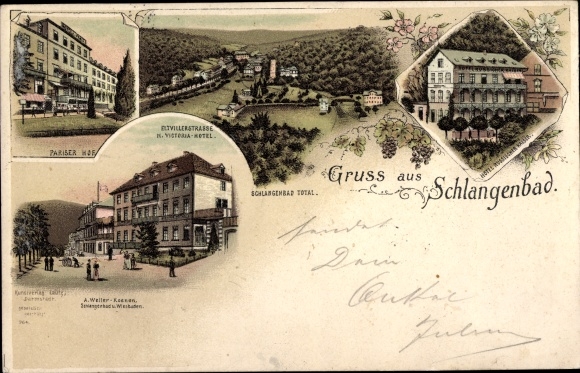 Chromo-Litho Schlangenbad im Taunus Hessen, Victoria Hotel, Eltvillerstraße, Pariser Hof
