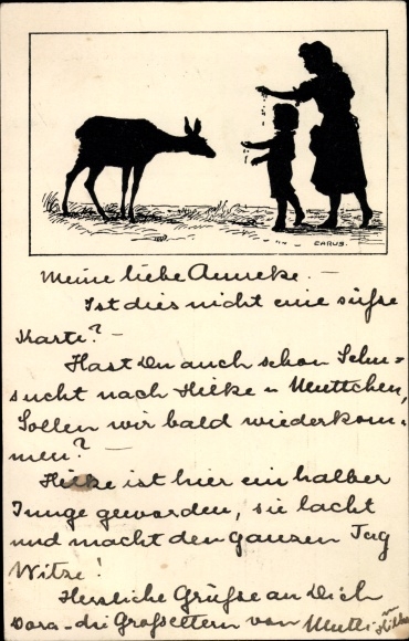 Paper cut artist Postcard Carus, woman and girl feed deer