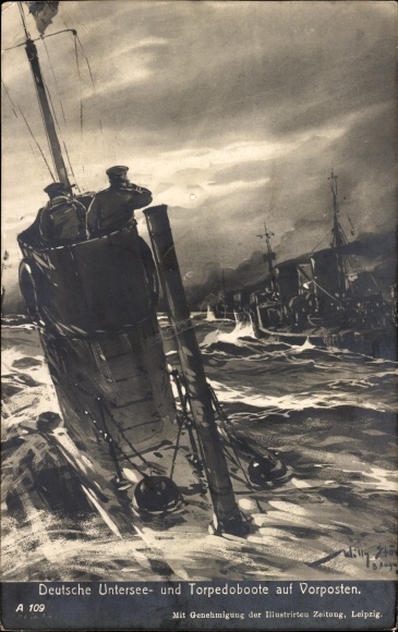 Artist Postcard Stöwer, Willy German submarine, submarines and torpedo boats on outpost