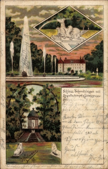 Artist Chromo-Litho Hellmann, Schwetzingen in the Rhein Neckar district, castle, Apollo temple, deer group