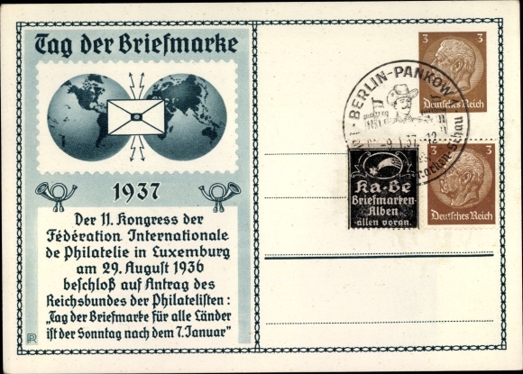 Postwaardestukken Ansichtkaart Dag van de Postzegel 1937, 11e congres van de Fédération Int. de Filatelie in Luxemburg