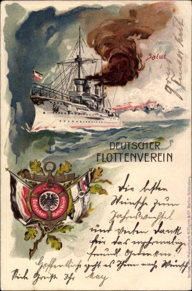 Chromo-Litho of the German fleet association, German warship, salute, flags, Imperial Navy
