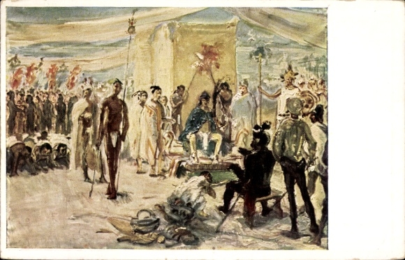 Artist Postcard Slevogt, M., Cortez before Montezuma