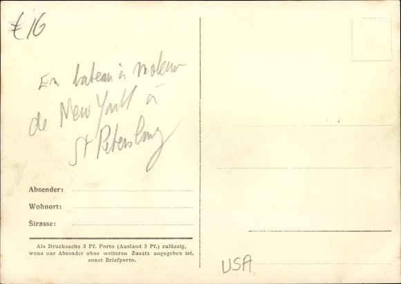 Postcard From New York to St. Petersburg in a motorboat, motor yacht Detroit, Cpt. Day