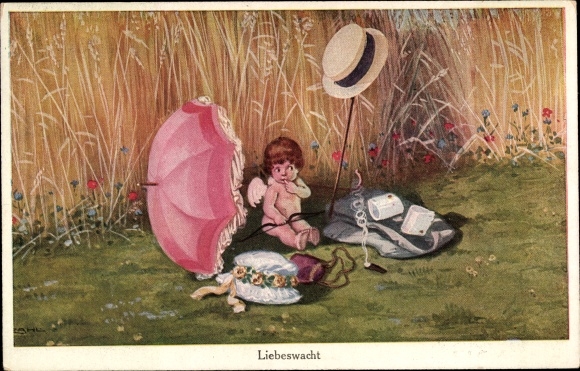Artist Postcard Zahl, H., Liebeswacht, Clothing, Wheat Field, Amor
