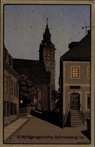 Lithograph Postcard Schneeberg in the Ore Mountains, St. Wolfgang's Church