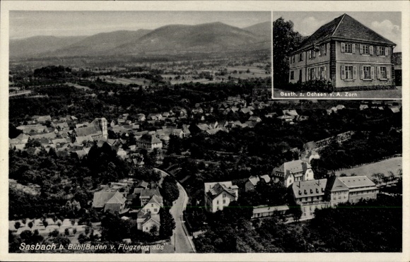 Postcard Sasbach am Kaiserstuhl Sasbach am Rhein Baden, aerial photograph, Gasth. z. Ochsen