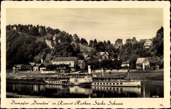 Ak Kurort Rathen im Elbsandsteinergebergte, salonstoomboot Leipzig, herberg Rosengarten