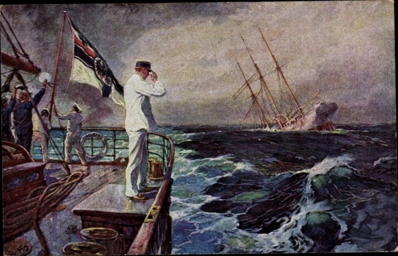 Artist Postcard Bohrdt, Hans, The last greeting, Lieutenant Commander Hellmuth von Mücke, SMS Emden, SMS Ayesha