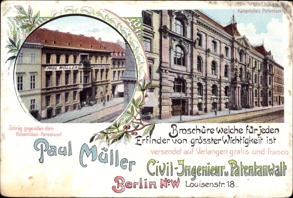 Chromo-Litho Berlin Mitte, Patent Office, civil engineer and patent attorney Paul Müller, Luisenstraße 18