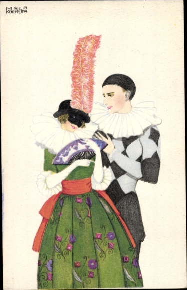 Artist Postcard Köhler, Mela, man and woman in costumes, harlequin, mask, fan
