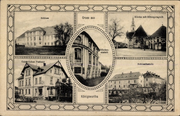 Ak Königswartha in Oberlausitz, vooraanzicht van het kasteel, kerk met riddercrypte, postkantoor, B