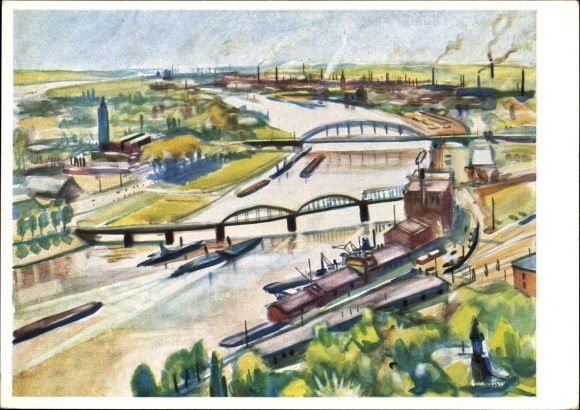 Kunstenaarskaart Querfeld, Herbert, Magdeburg, Elbe gezien vanaf de kathedraal