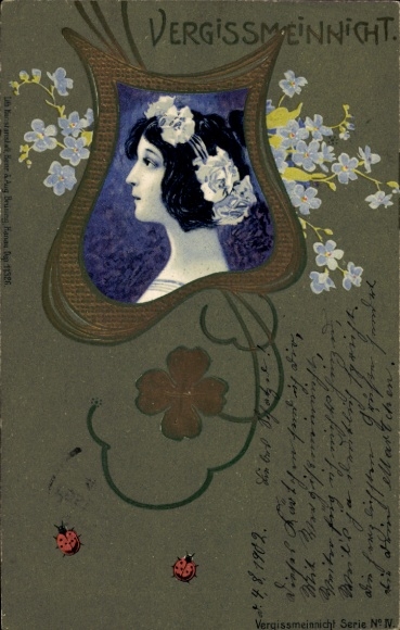 Jugendstil Litho Portrait einer Frau, Marienkäfer, Vergissmeinnicht