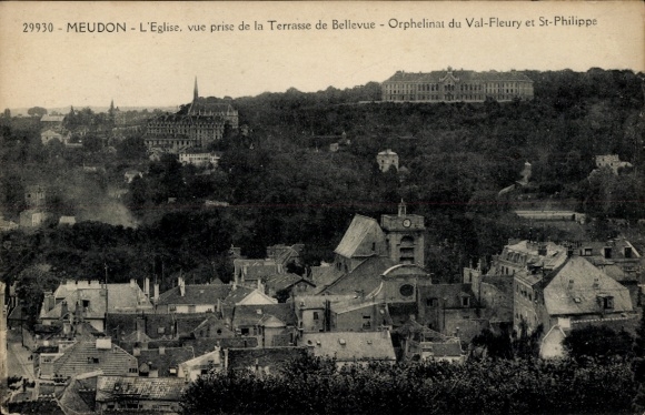 Postcard Meudon Hauts de Seine, church, vue prize de la Terrasse de Bellevue, Orphelinat du Val-Fleury