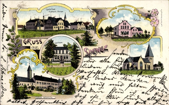 Litho Spenge in Westfalen, Schule, Kirche, Apotheke, Fabrik