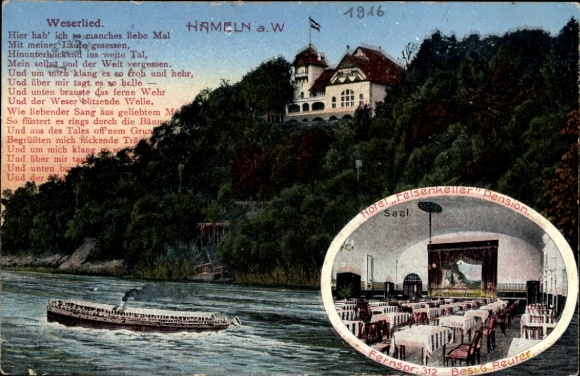 Postcard Hameln on the Weser, Hotel Felsenkeller, Weserlied, steamer