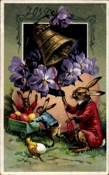 Litho Frohe Ostern, Osterhase läutet Glocke, Ostereier, Küken, Veilchen