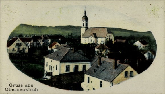 Postcard Oberneukirch Neukirch in der Lausitz, front view of church, houses, rural surroundings