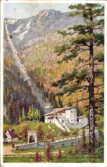Artist Postcard Prinz, Karl, L., Rax mountain range, Lower Austria, Raxbahn, valley station