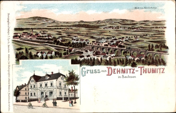 Litho Demitz Thumitz in Sachsen, Gesamtansicht, Blick vom vom Klosterberge, Gemischtwarengeschäft