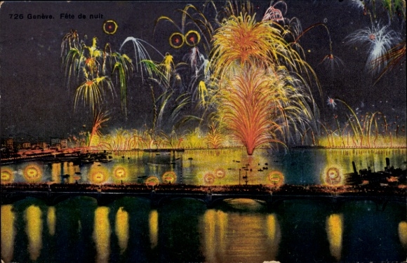 Ak Genf Stadt Schweiz, Feuerwerk über dem Wasser, nächtliche Feier, Stadtansicht, bunte Lichter