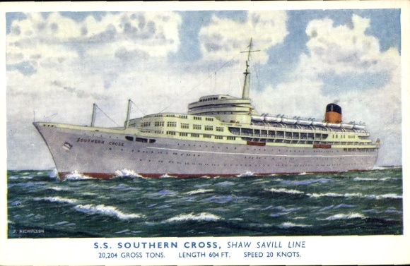 Kunstenaar Briefkaart Stoomboot SS Southern Cross, Shaw Savill Line