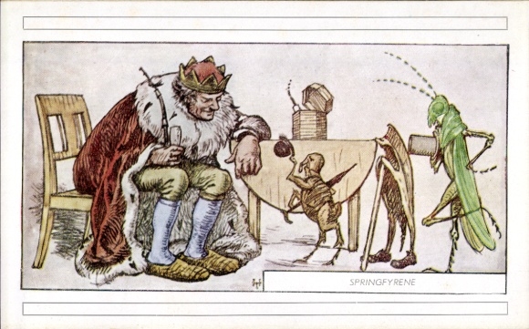 Artist Postcard Tegner, H., Springer, Fairy Tale, King, Grasshopper