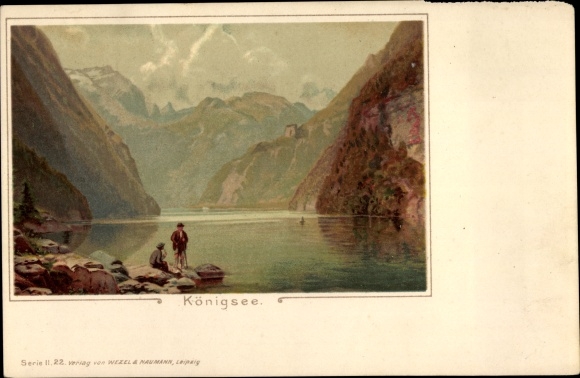 Chromo-Litho Schönau am Königssee, shore area with Alps