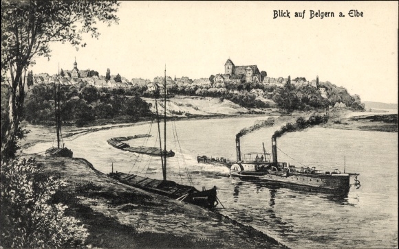 Postcard Belgern in Saxony, panorama, steamer