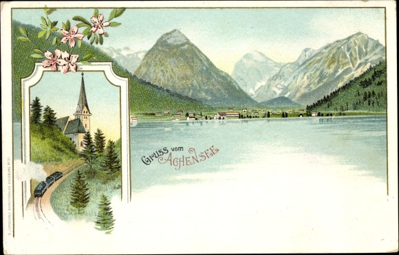 lito Achensee Tirol, wioska z widokiem na krajobraz, lokomotywa parowa, kościół