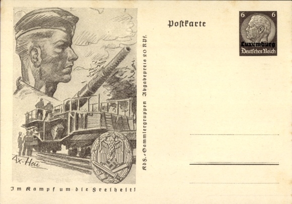 Postal stationery artist Postcard Axster Heudtlaß, In the fight for freedom, Wehrmacht, railway gun