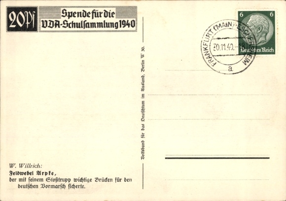 Artist Postcard Willrich, Wolfgang, Sergeant Helmut Arpke, Knight's Cross recipient, VDA School Collection 1940
