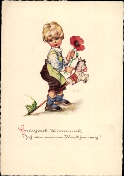 Artist Postcard Lungershausen, Ilse Wende, boy with hobby horse, grasshopper, poppy blossom