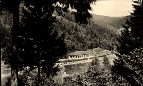 Postcard Unterweißbach in the Thuringian Forest, swimming pool, landscape, forest, buildings, nature
