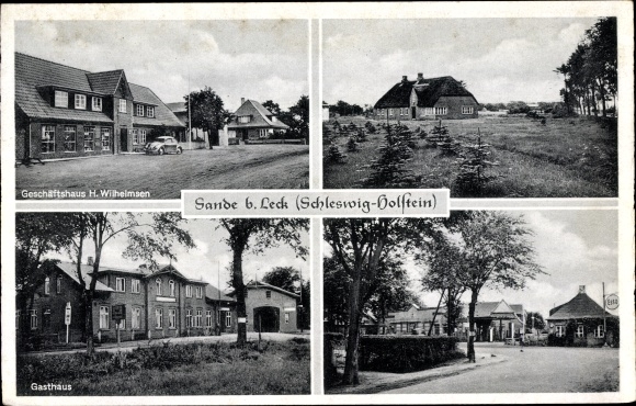 Postcard Sande in Friesland, shop H. Wilhelmsen, inn, street section