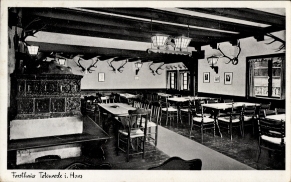 Postcard Liebenburg am Harz, Forsthaus Totenrode, guest room, fireplaces, wooden ceiling, deer antlers