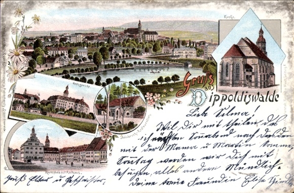 Postcard Dippoldiswalde in the Ore Mountains, multi-view PC with churches, town hall, nature views